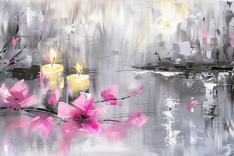 Abstract schilderij met kaarsen en bloemen van Art & Soul Creations
