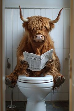 Hooglandse koe leest krant op het toilet van Poster Art Shop