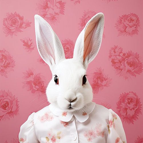 Portrait of a white rabbit in floral dress by Vlindertuin-Art