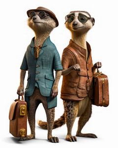Illustration photoréaliste humoristique de deux suricates en voyage