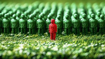 Rood figuur onderscheidt zich van de groene menigte van Frank Heinz