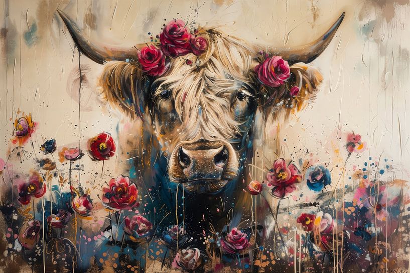 Flowers of the Scottish Highlander cow by Eva Lee