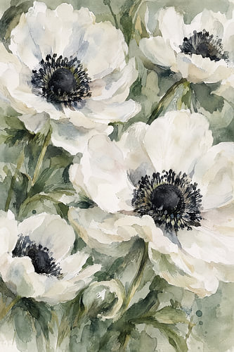 Witte anemonen in saliegroen – gouache