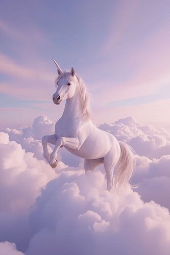 Witte eenhoorn steigerend tussen de wolken, pastelkleurige lucht