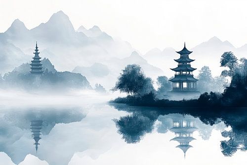 Zenlandschap in de mist