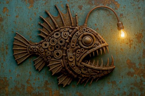 Metalen vis met lampje op zijn kop (AI) (lantaarnvis, hengelvis, zeeduivels, diepzeevis, grappig, komisch, mancave, stoer, hilarisch, uniek, metalen, kunstwerk, donker)
