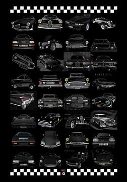 Vintage car poster with 32 vintage cars in black by aRi F. Huber