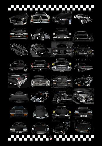 Vintage car poster with 32 vintage cars in black