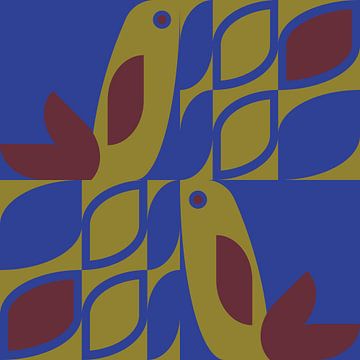 Skandinavisches Retro. Vögel und Blätter in warmem Braun, Kobaltblau und Senf von Dina Dankers