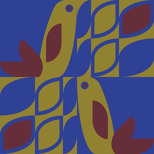 Rétro scandinave. Oiseaux et feuilles dans des tons chauds de marron, bleu cobalt et moutarde