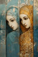 Decorative, antique-looking fresco of two women