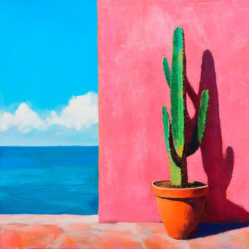 Cactus aan zee met kleurrijke achtergrond