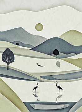 Hügel, Wasser und Reiher - Minimalismus (2) von Anna Marie de Klerk