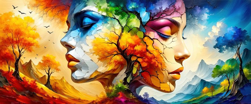 Een samensmelting van tegengestelden - twee zielen in harmonie tussen koele voorzichtigheid en warme passie, verweven in de surrealistische harmonie van natuur en mens, verenigd door de levensboom van AidasignArt