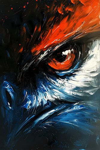 Abstract schilderij van vogel met intens oog