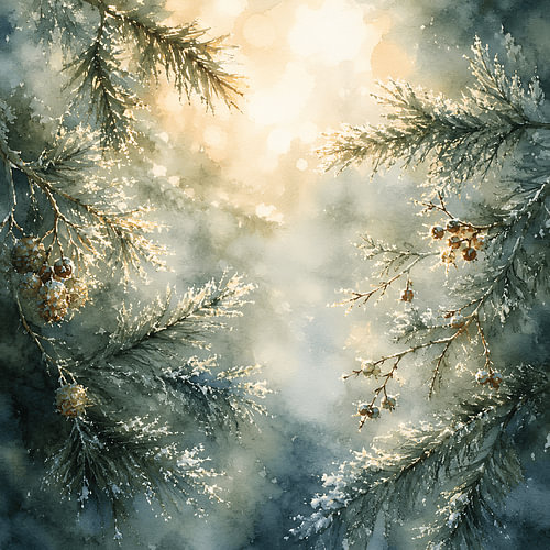 Sunbeams in the winter greenery