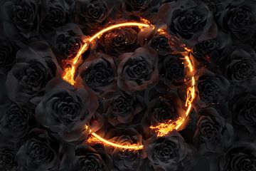 Une forme de cercle en flammes est recouverte de roses noires sur Besa Art