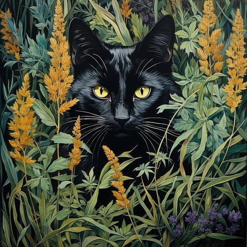 Zwarte kat in het wilde groen