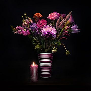 Stillleben eines Blumenstraußes mit Kerze vor schwarzem Hintergrund von Chihong