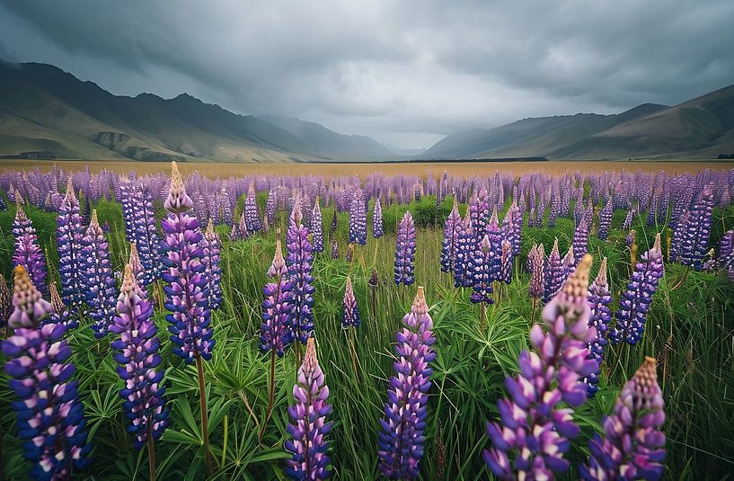 Lupinen in een dromerig landschap van fernlichtsicht
