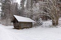 Hay barn in winter landscape