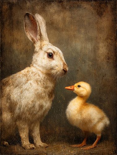 Portrait vintage d'un lapin de Pâques avec un petit poussin