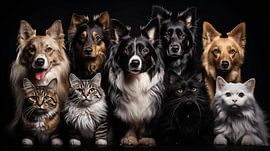 Collage-Set aus verschiedenen Katzen und Hunden isoliert auf schwarzem Hintergrund