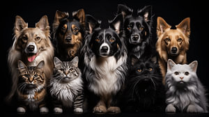 Collage-Set aus verschiedenen Katzen und Hunden isoliert auf schwarzem Hintergrund