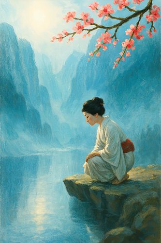 Geisha by the river (Japan, blue, mountains, nature, zen, soothing, cherry blossom)