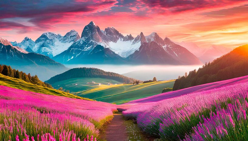 Paysage avec fleurs roses par Mustafa Kurnaz