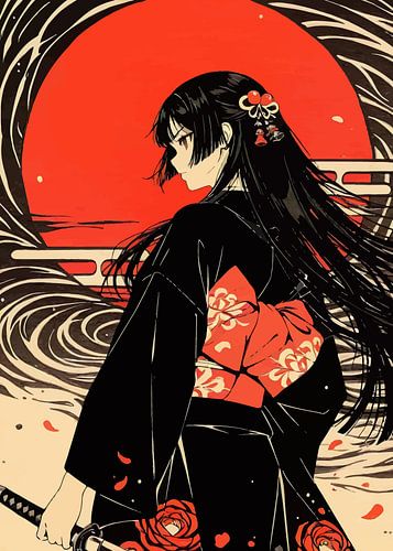 Anime vrouwelijke geisha onder rode maan