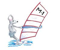 Mouse is wind surfing on a board