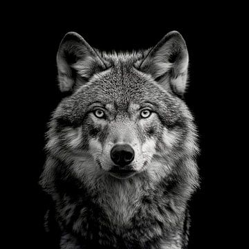dramatisches Porträt eines Wolfs, der direkt in die Kamera schaut von Margriet Hulsker