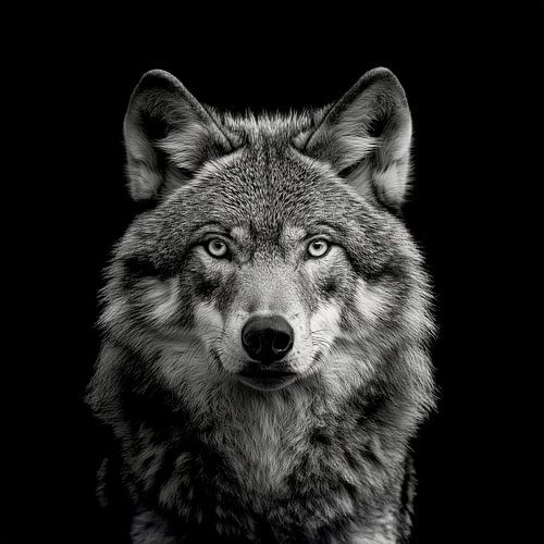 portrait dramatique d'un loup regardant droit dans l'appareil photo sur Margriet Hulsker