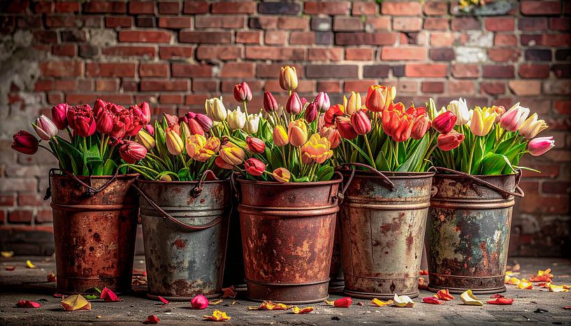 Tulips in rusty buckets... by Ans Bastiaanssen
