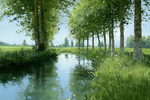 Rangée d'arbres, cours d'eau en miroir