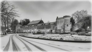 Elsloo in de avond in de winter met sneeuw in houtskool