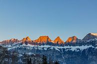 Churfirsten vanaf Flumserberge bij dageraad Alpengloed bij zonsopgang in januari van Martin Steiner thumbnail