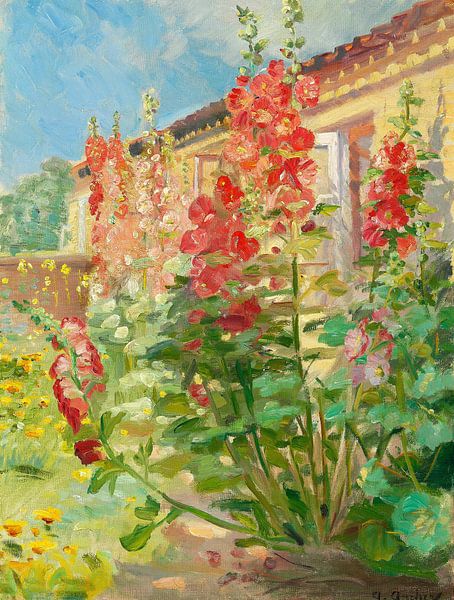 Anna Ancher, Rode stokrozen, circa 1916 van Atelier Liesjes