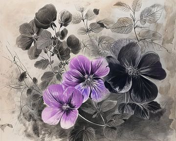 Monochrome avec Violets | Artwork floral sur Blikvanger Schilderijen