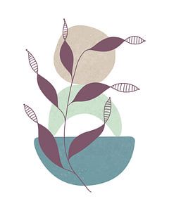 Minimalistische Landschaft mit einer Blattpflanze und drei Formen in hellen Farben von Tanja Udelhofen