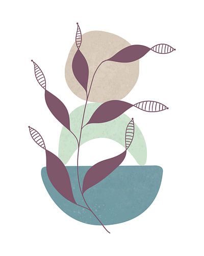 Minimalistisch landschap met een bladplant en drie vormen in lichte kleuren