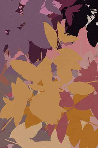 Kleurrijke abstracte botanische kunst. Bladeren in oker, paars, roze.
