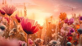 Golden hour over field of flowers on summer afternoon