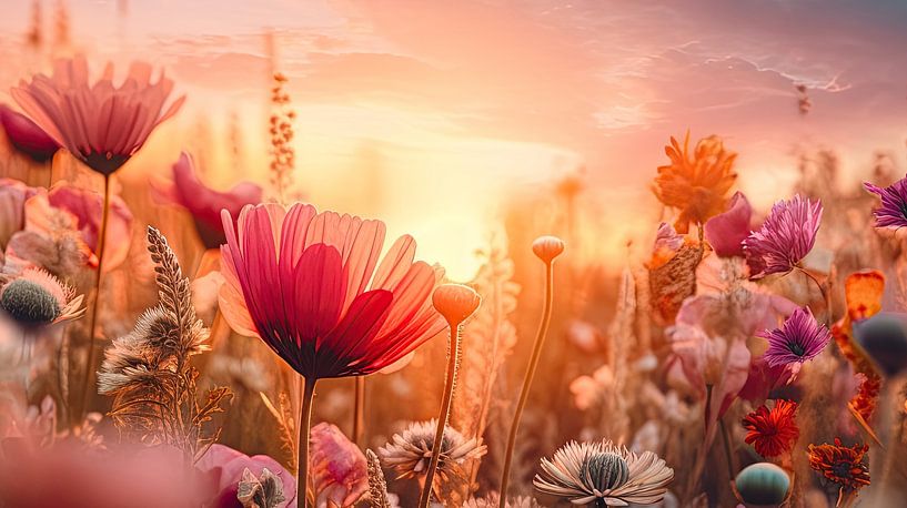 Golden hour over field of flowers on summer afternoon by Vlindertuin-Art