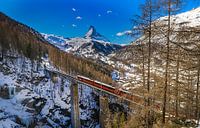 A train passes the Findelbach viaduct  near Zermatt, Switserland