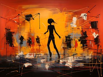 vrouw midden op een dansvloer geschilderd door Basquiat van PixelPrestige