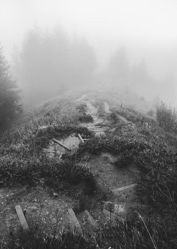 Mistig bergpad in de Zwitserse Alpen | zwart-wit fotografie