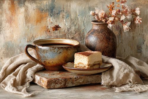 Kaffee und Tiramisu - Poetisches Stillleben in Erdtönen für ein warmes Interieur von Joriali Fine Art