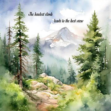 Paysage avec montagne et forêt - aquarelle - avec texte sur Jan Bechtum